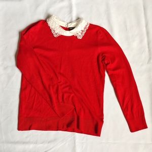 Cable & Gauge red pullover sweater with white lace collar